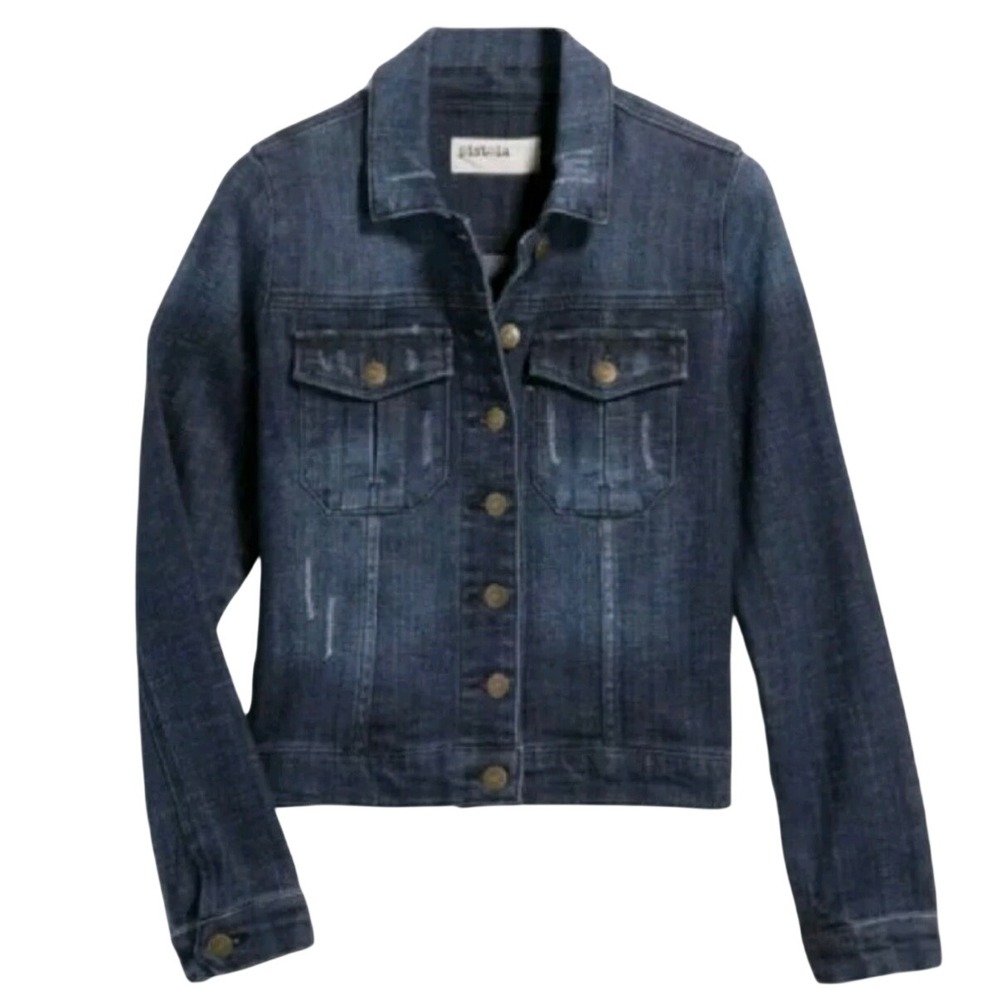 Pistola Emmen Cropped Jacket Dark Wash Distressed Denim Women's Large